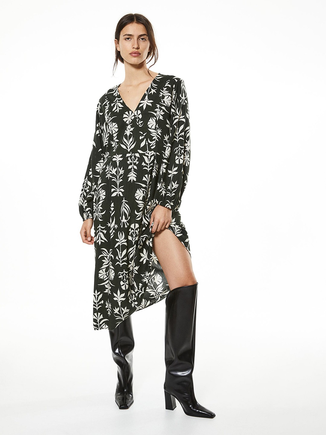 

H&M Balloon-Sleeved Wrap Dress, Green