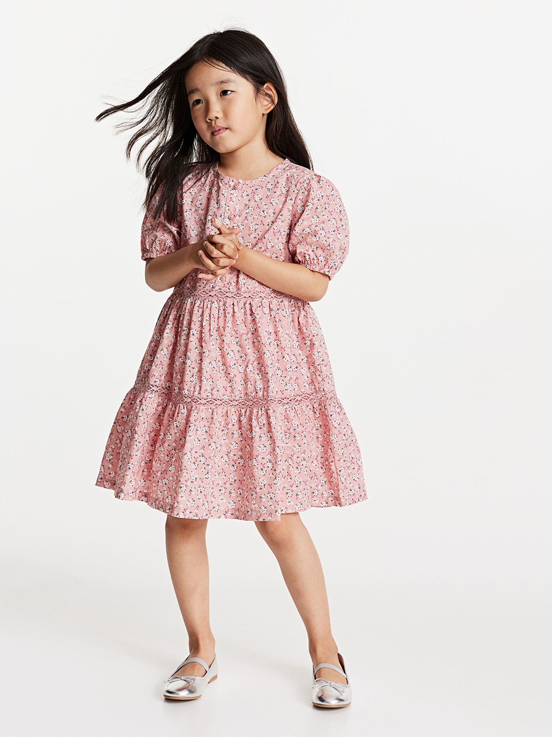 

H&M Girls Lace Detail Puff Sleeved Dress, Pink