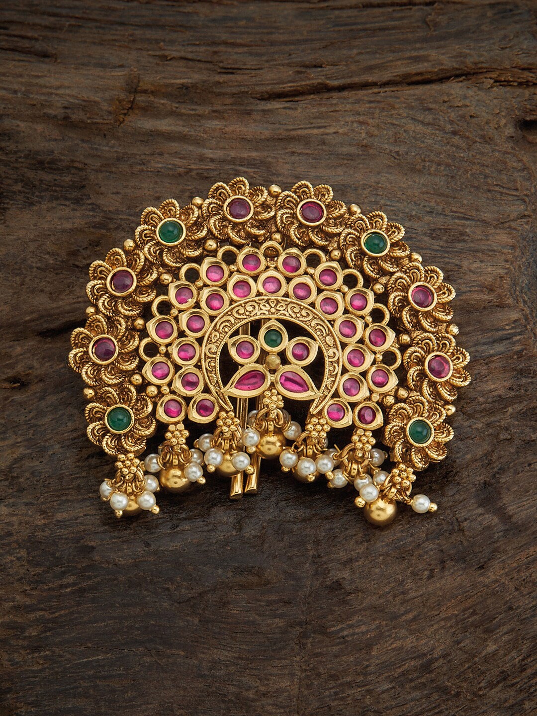 

Kushal's Fashion Jewellery Gold-Plated Ruby Stone Studded Antique Hair Brooch