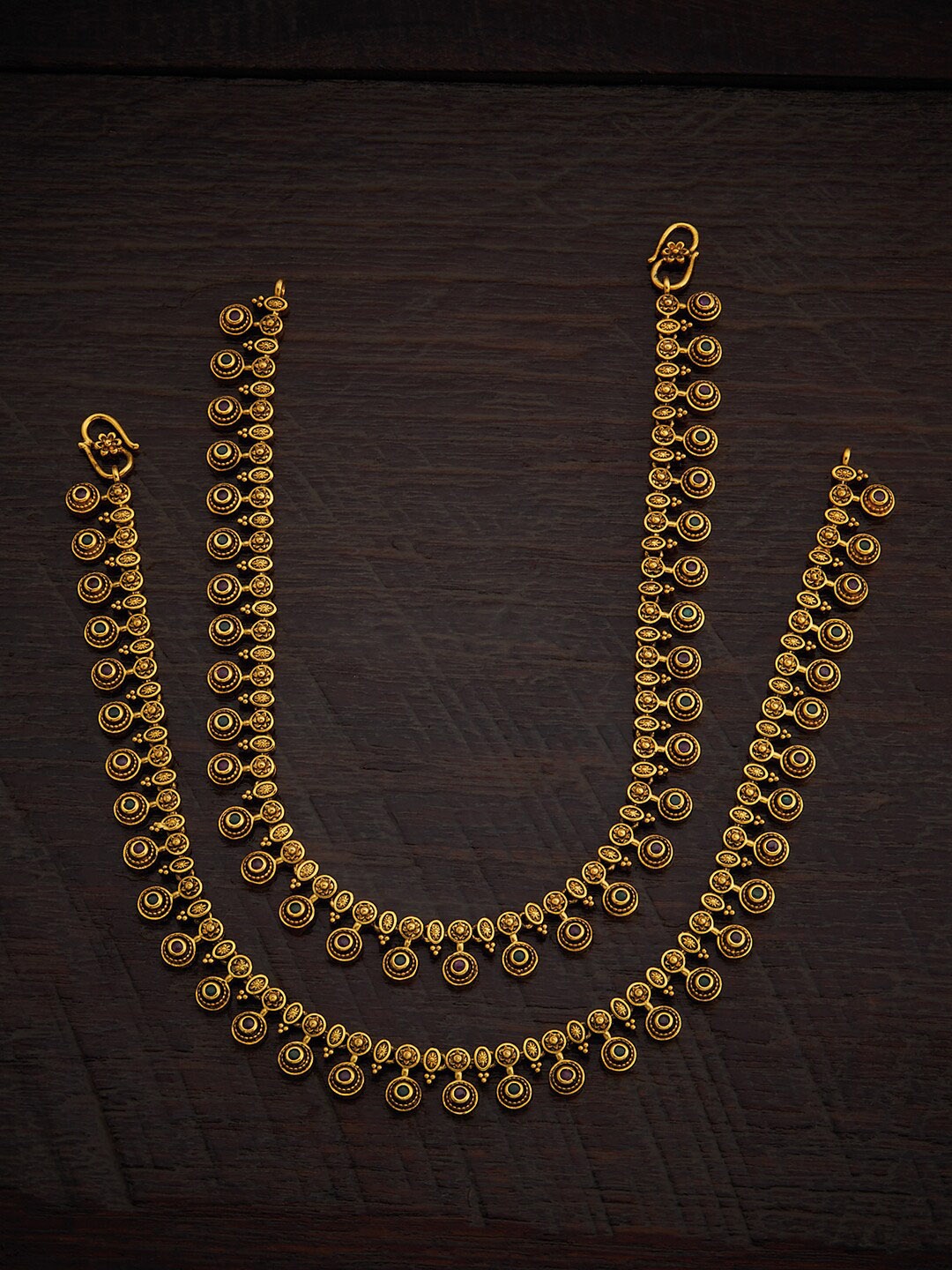 

Kushal's Fashion Jewellery Gold-Plated Stone-Studded Antique Anklets