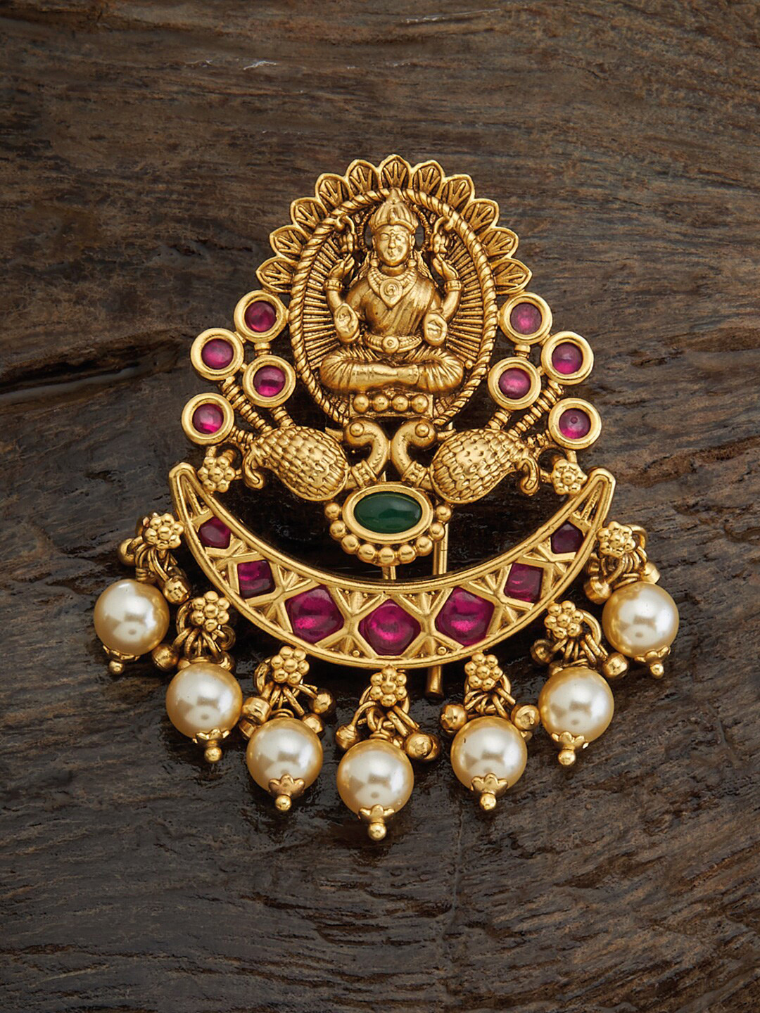 

Kushal's Fashion Jewellery Gold-Plated Ruby Stone Studded Antique Hair Brooch