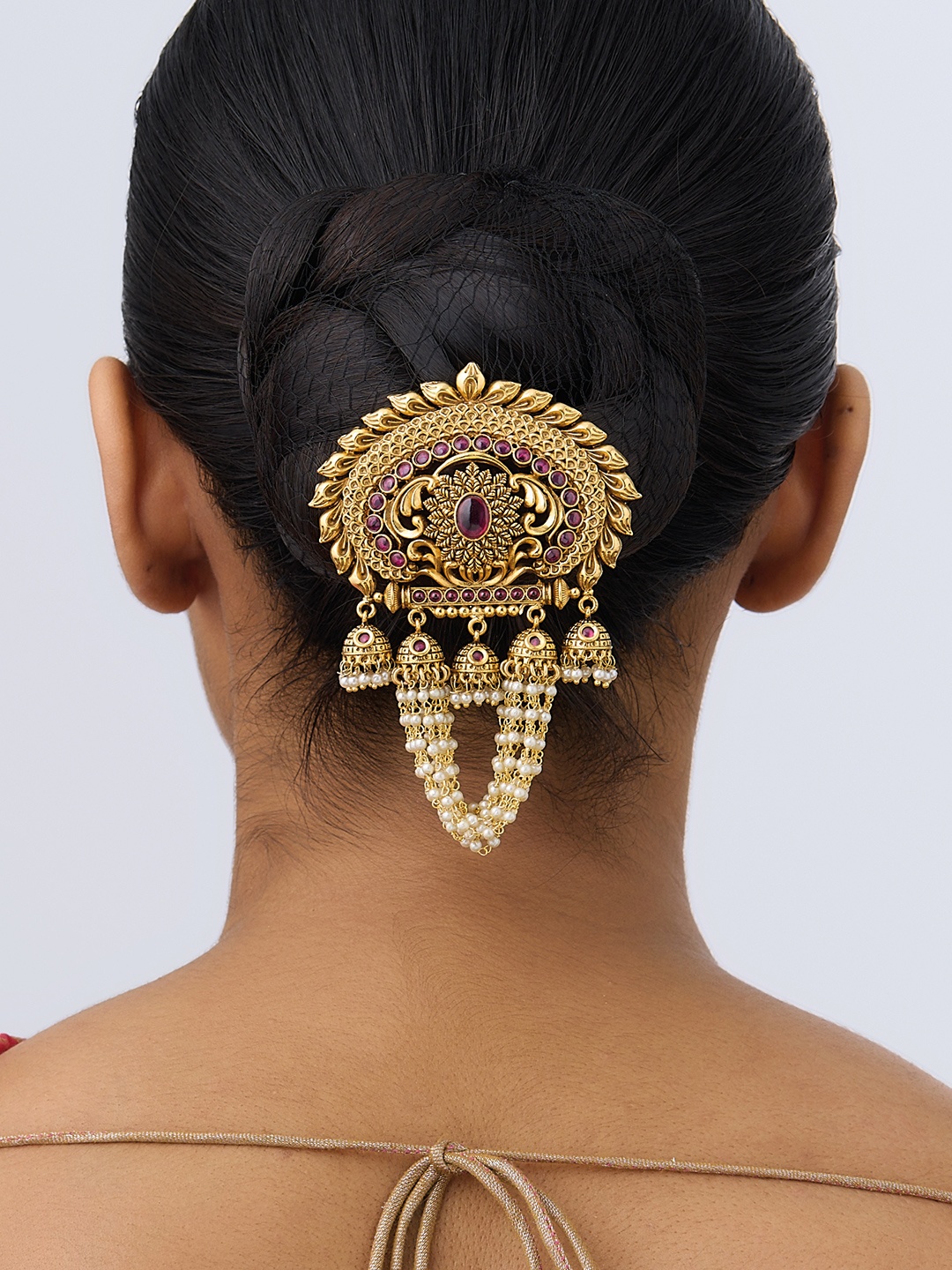 

Kushal's Fashion Jewellery Gold-Plated Ruby Stone Studded Antique Hair Brooch