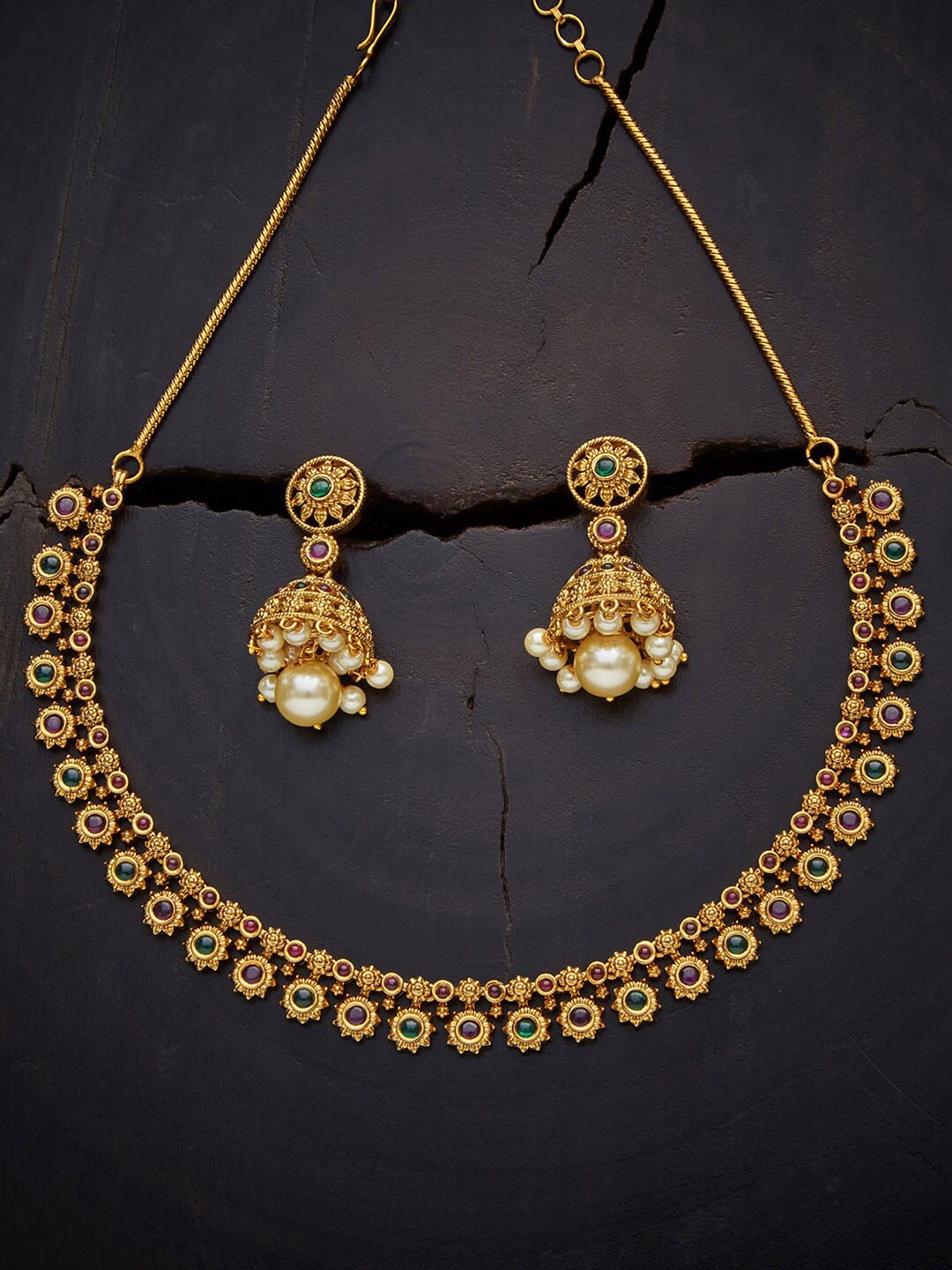 

Kushal's Fashion Jewellery Gold-Plated Stone-Studded Antique Jewellery Set