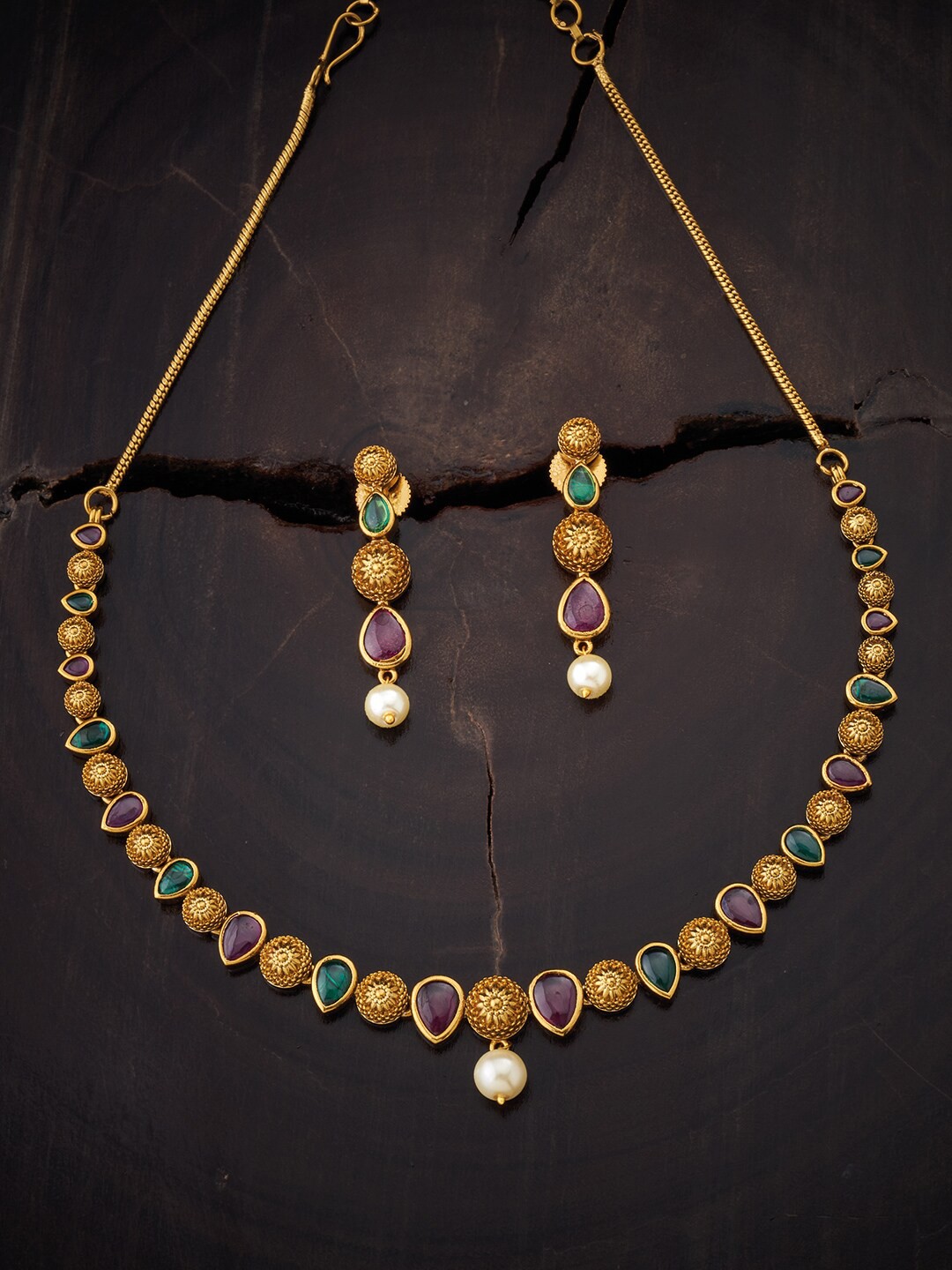 

Kushal's Fashion Jewellery Gold-Plated Stone-studded Antique Necklace With Earrings