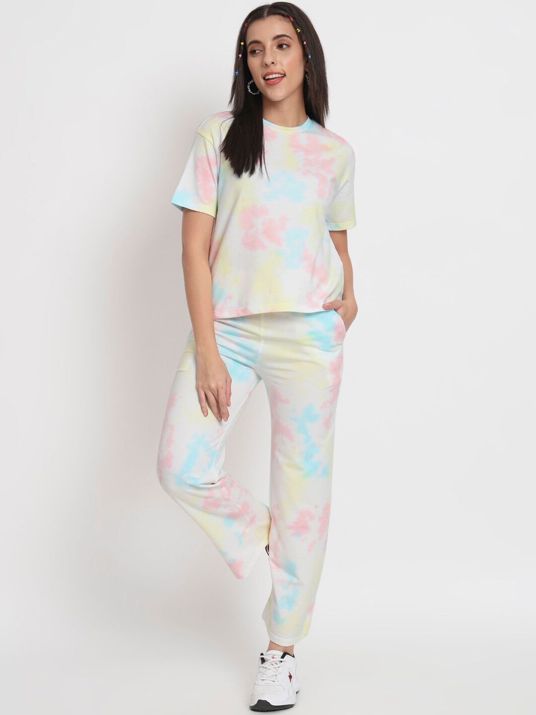 

VividArtsy Tie And Dye Drop-Shoulder T-Shirt With Trousers Co-Ords, Pink