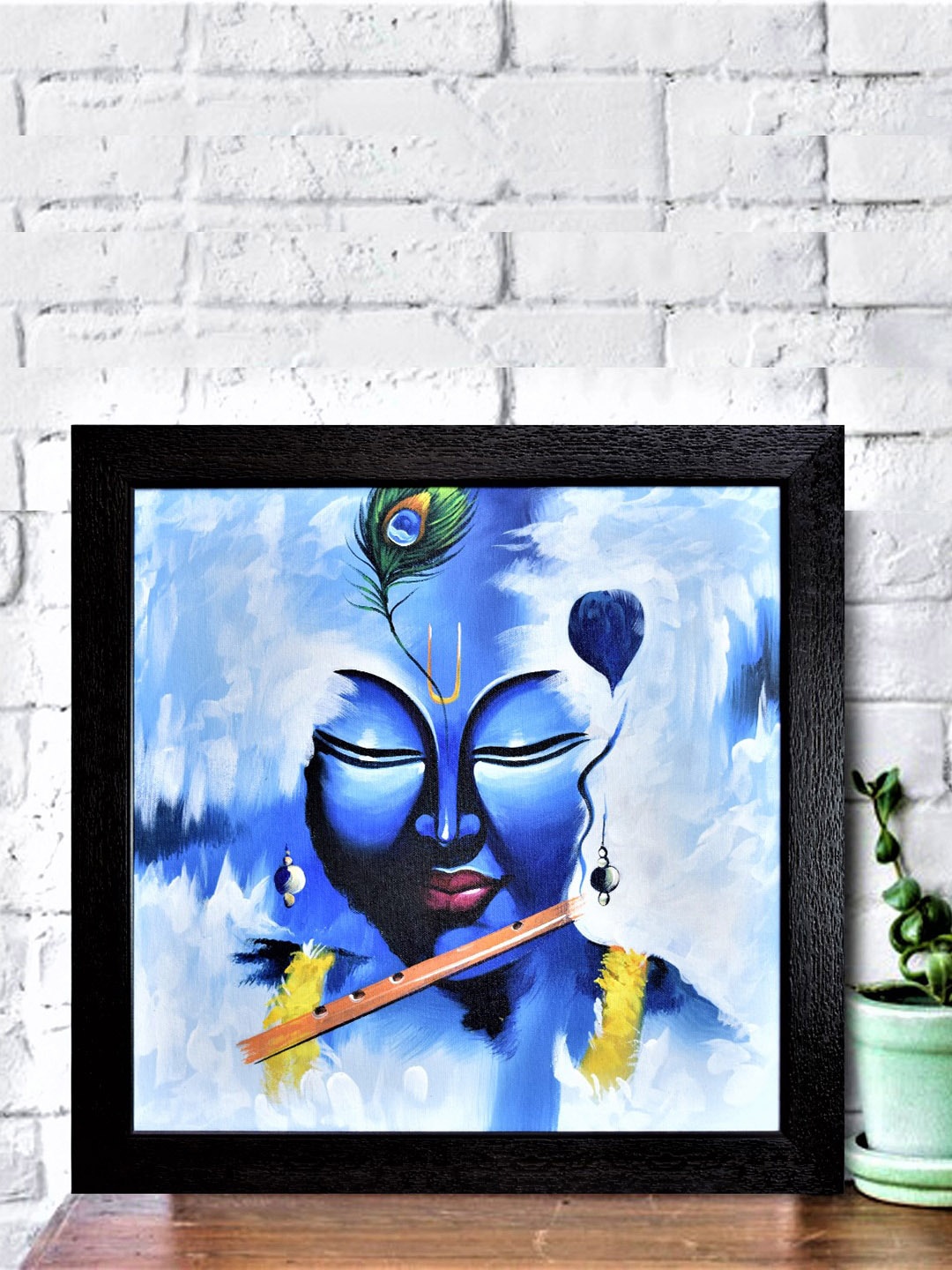 

Gallery99 Blue & Yellow Krishna With Flute & Peacock Feather Painted Framed Wall Art