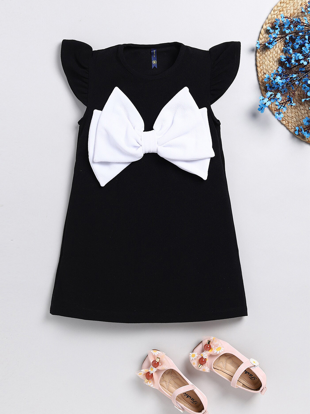 

YK Girls Cap Sleeves Bow Detailed Cotton A-Line Dress, Black