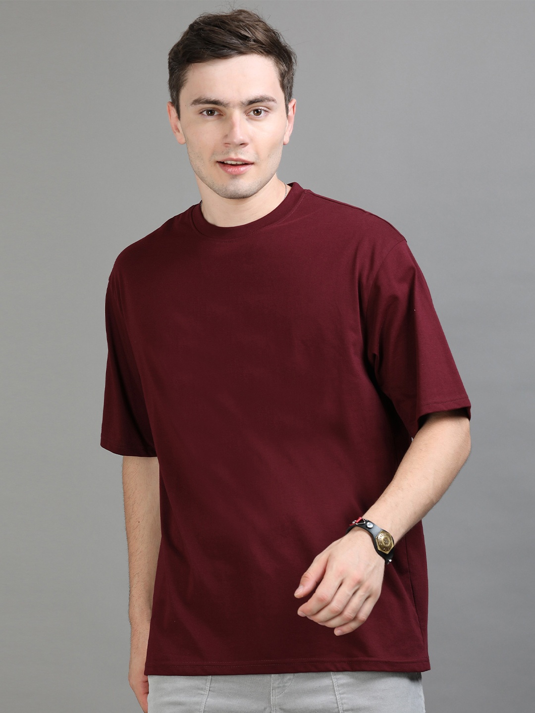 

Bushirt Oversized Round Neck Pure Cotton Casual T-shirt, Maroon