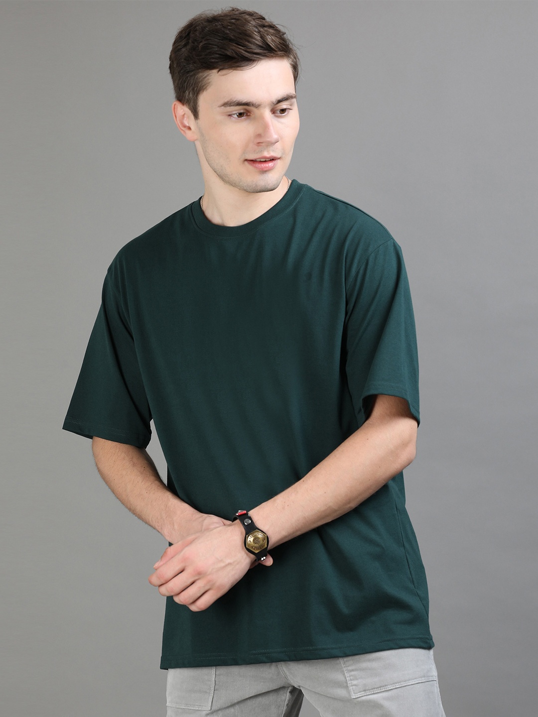 

Bushirt Drop-Shoulder Sleeves Oversized Pure Cotton T-shirt, Green