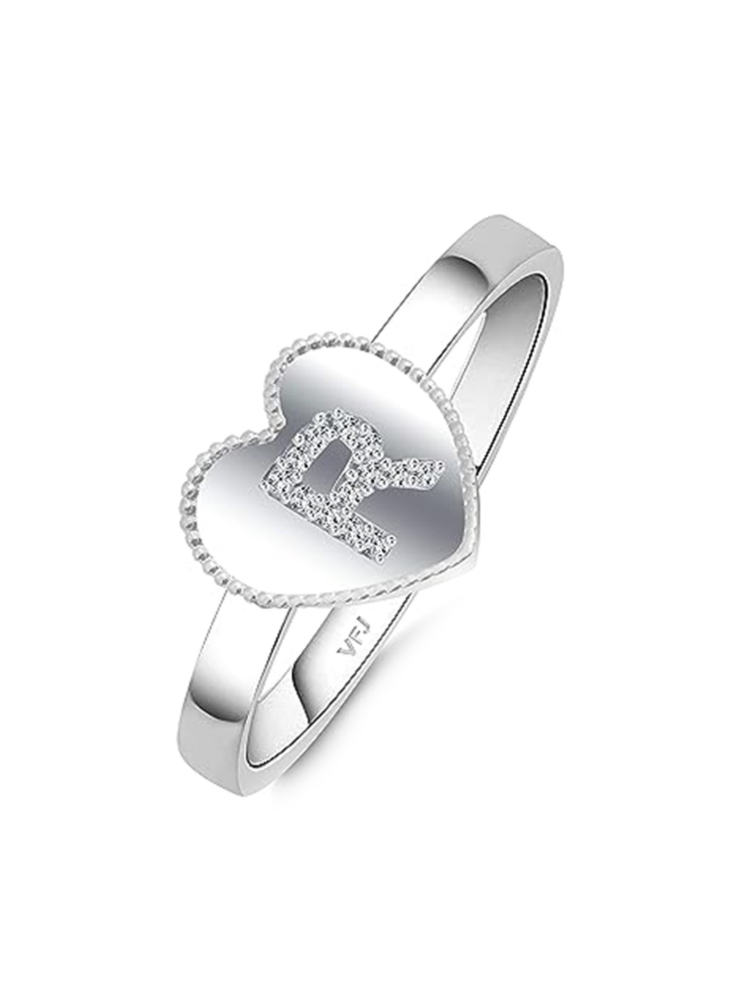 

Vighnaharta Rhodium-Plated Cubic Zirconia Heart-Shaped With Initial R Finger Ring, Silver