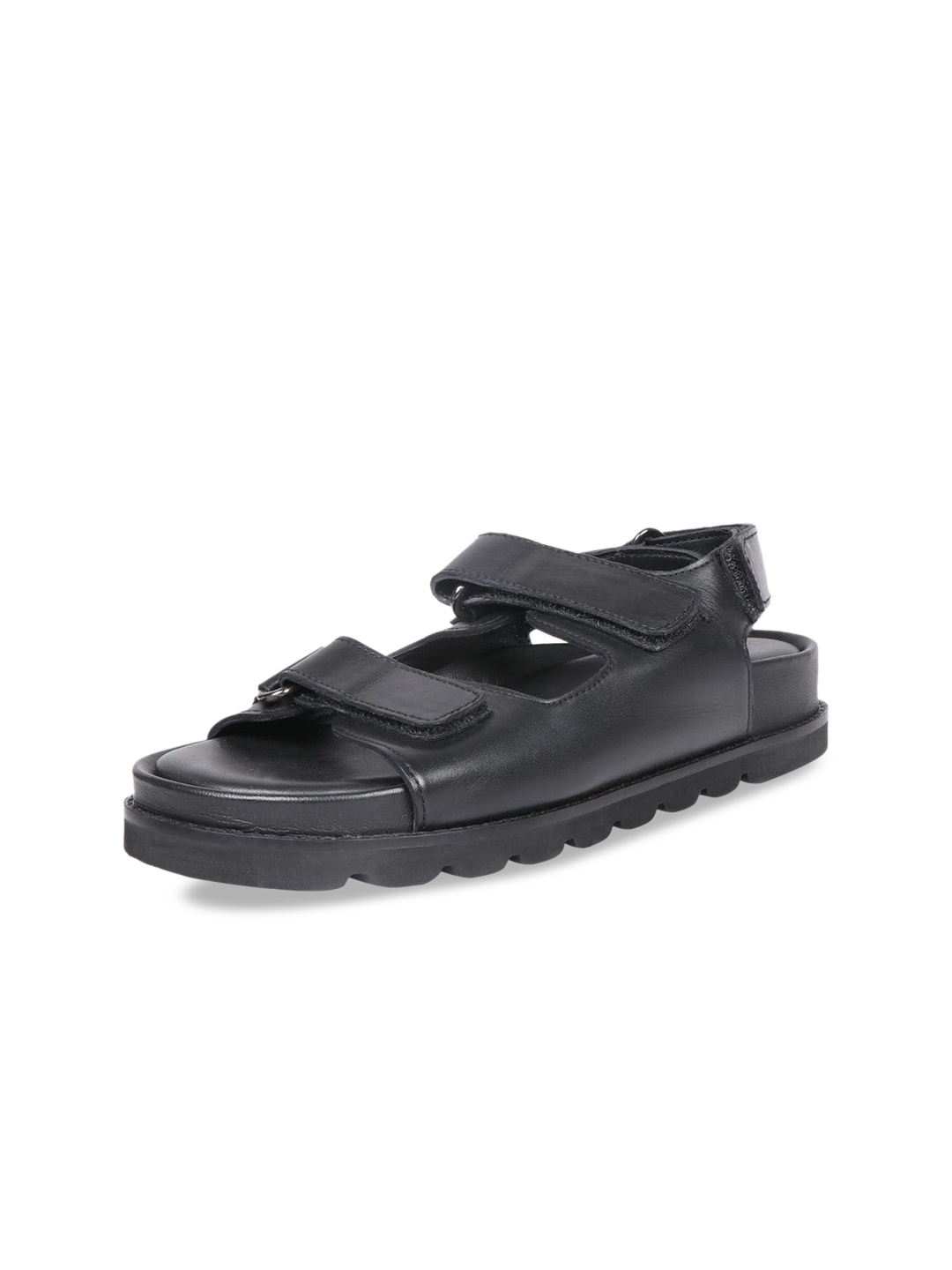

Hidesign OLYMPUS Leather Open Toe Flats With Velcro Closure, Black
