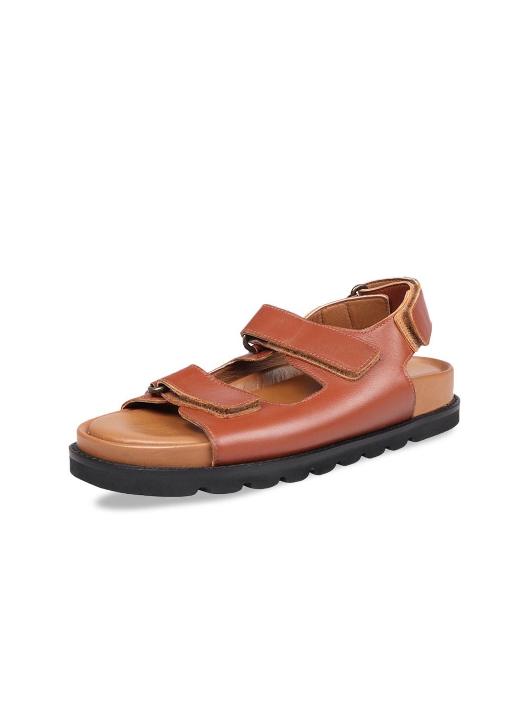 

Hidesign Leather Velcro Open Toe Flats, Tan