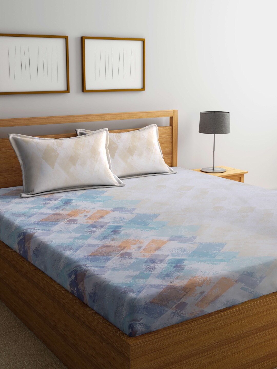 

BOMBAY DYEING Blue & White Abstract Cotton 144 TC King Bedsheet With 2 Pillow Covers