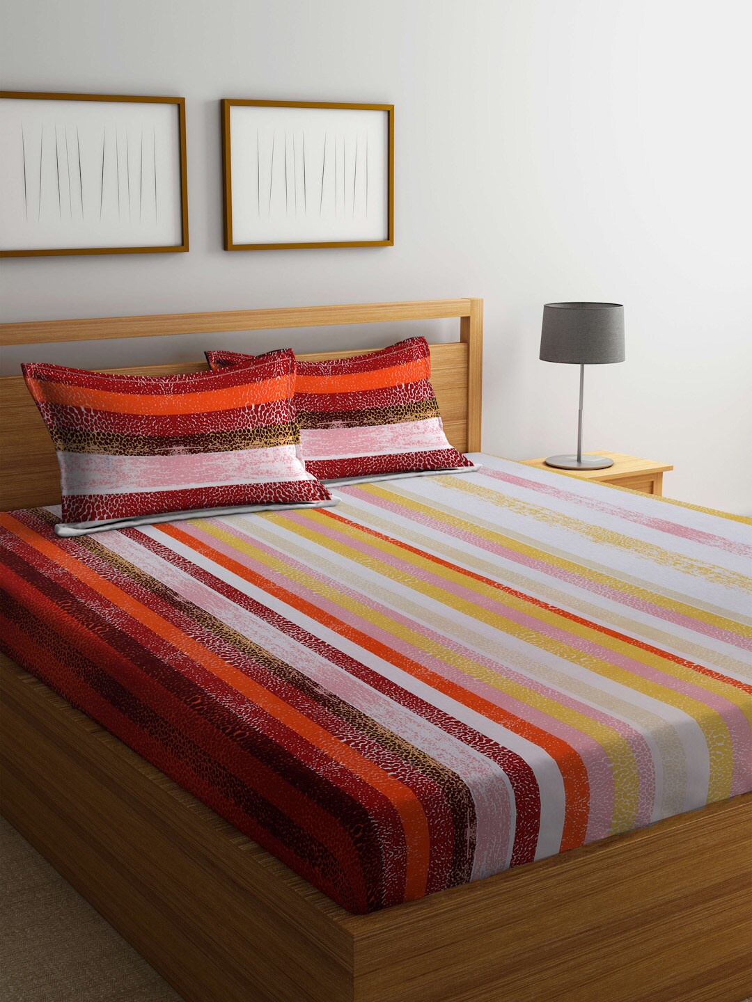 

BOMBAY DYEING Maroon & Pink Striped Cotton 144 TC King Bedsheet With 2 Pillow Covers