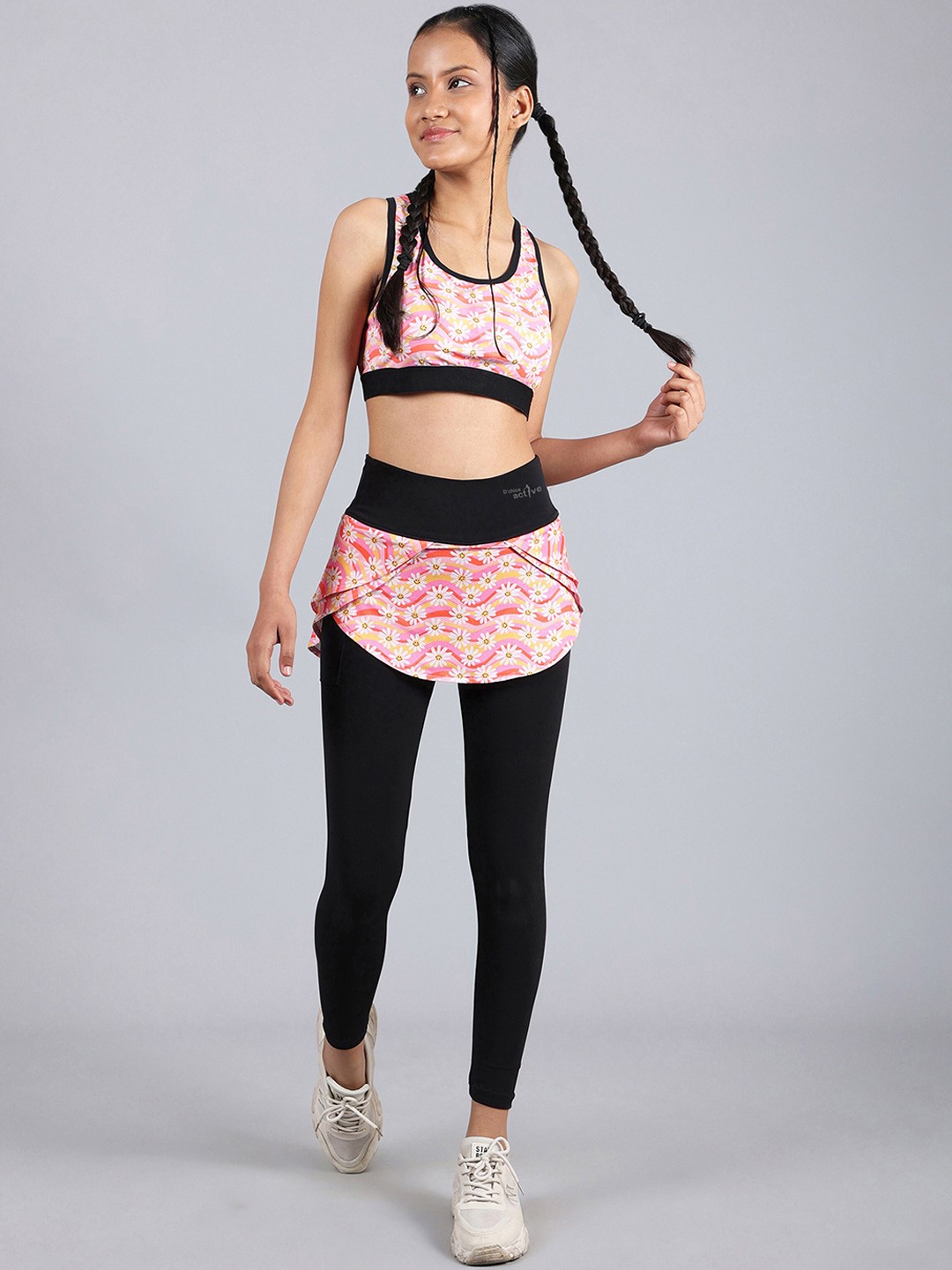 

DChica Floral Printed Sports Bra & Mesh Skirted Tights Tracksuits, Peach