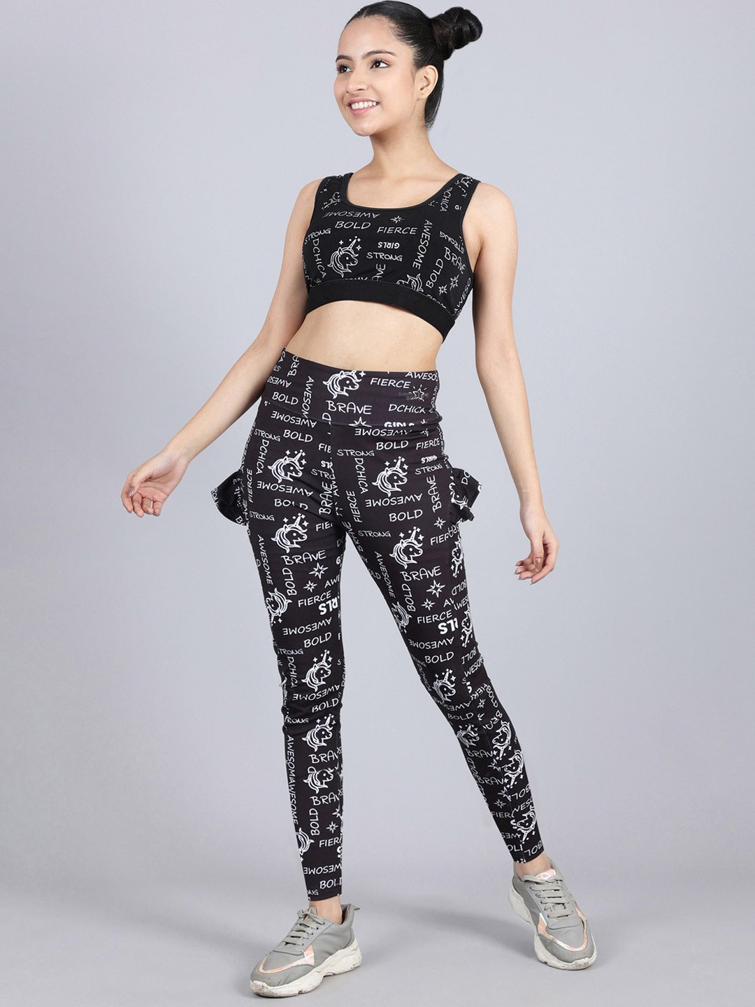 

DChica Typography Printed Sports Bra & Ankle-Length Ruffled-Back Tights Tracksuits, Black