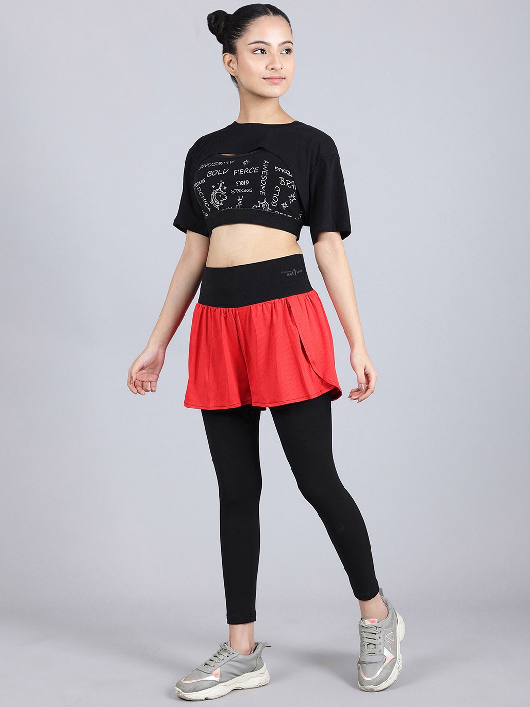 

DChica Moisture-Wicking Cut Out Crop Top With Sports Bra & Tights With Attached Shorts, Black