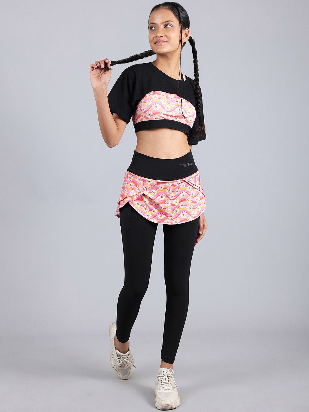 

DChica Printed Moisture Wicking Skirted Tights With Cut Out Crop Top & Sports Bra, Peach