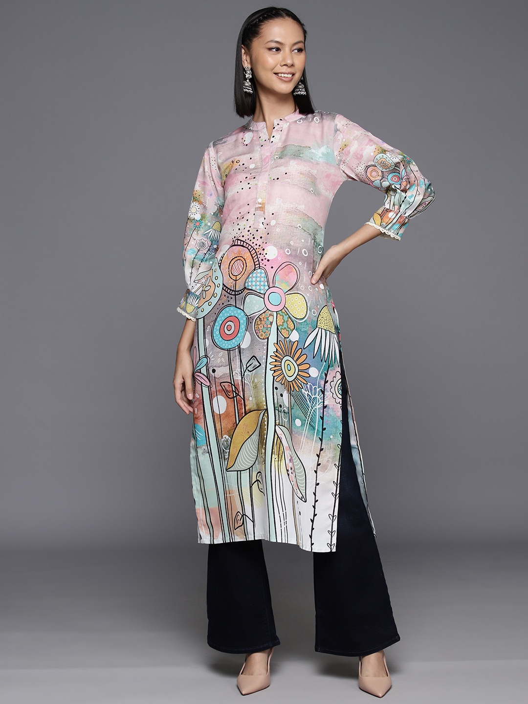 

Varanga Abstract Printed Puff Sleeves Fusion Kurta, Pink