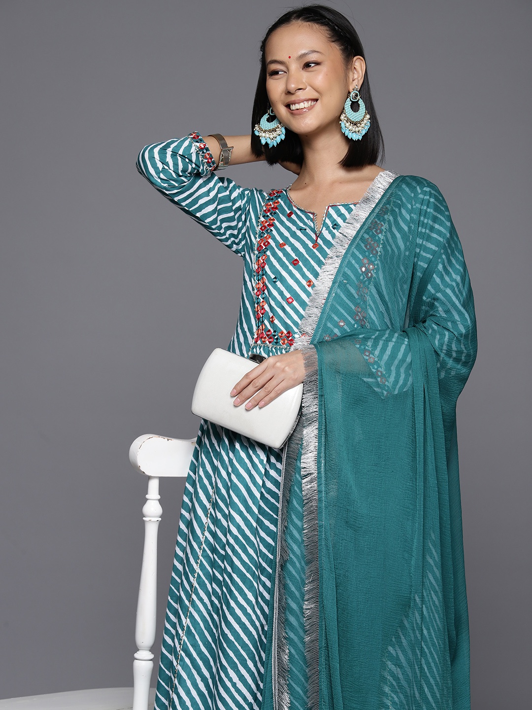 

Varanga Women Leheriya Striped Regular Mirror Work Cotton Kurta With Trousers & Dupatta, Sea green