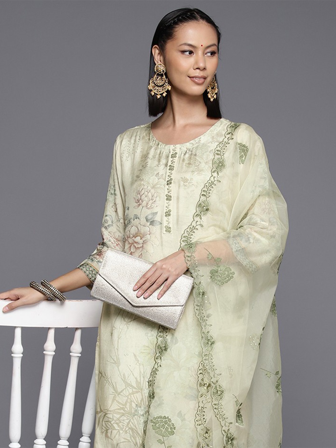 Varanga Women Floral Printed Thread Work Pure Silk Kurta with Trousers & With Dupatta, Olive