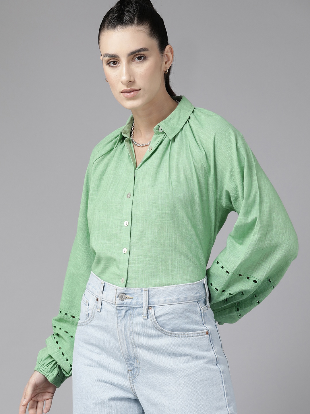 

Roadster Women Opaque Cotton Casual Shirt, Green