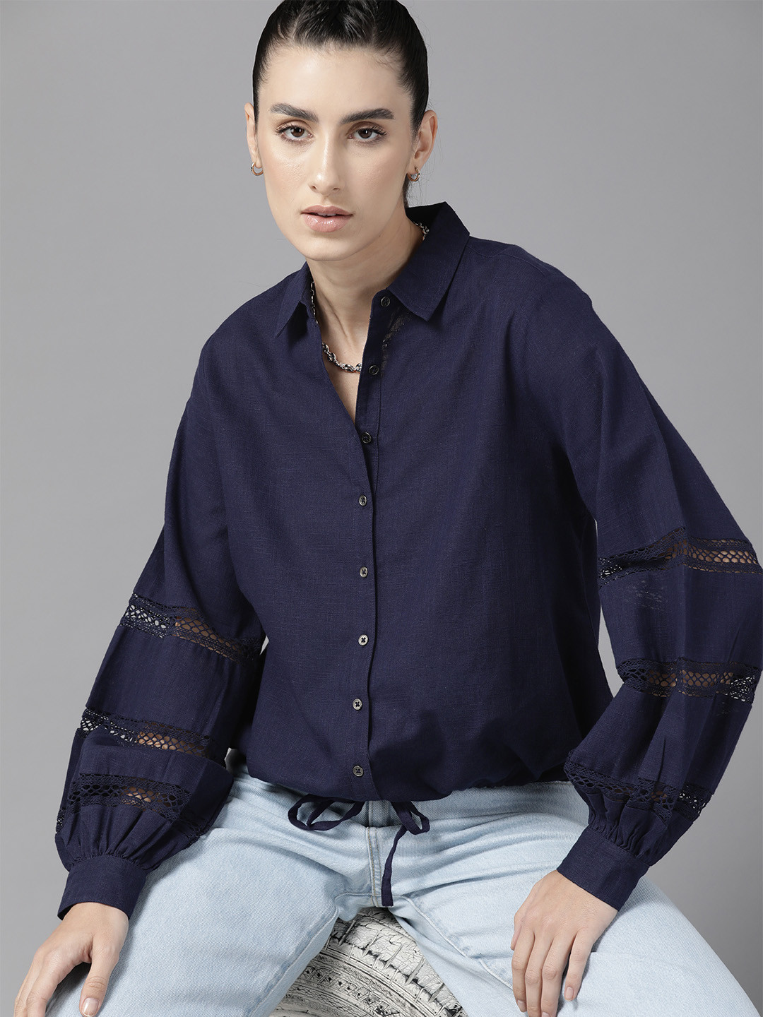 

Roadster Women Opaque Cotton Casual Shirt, Navy blue