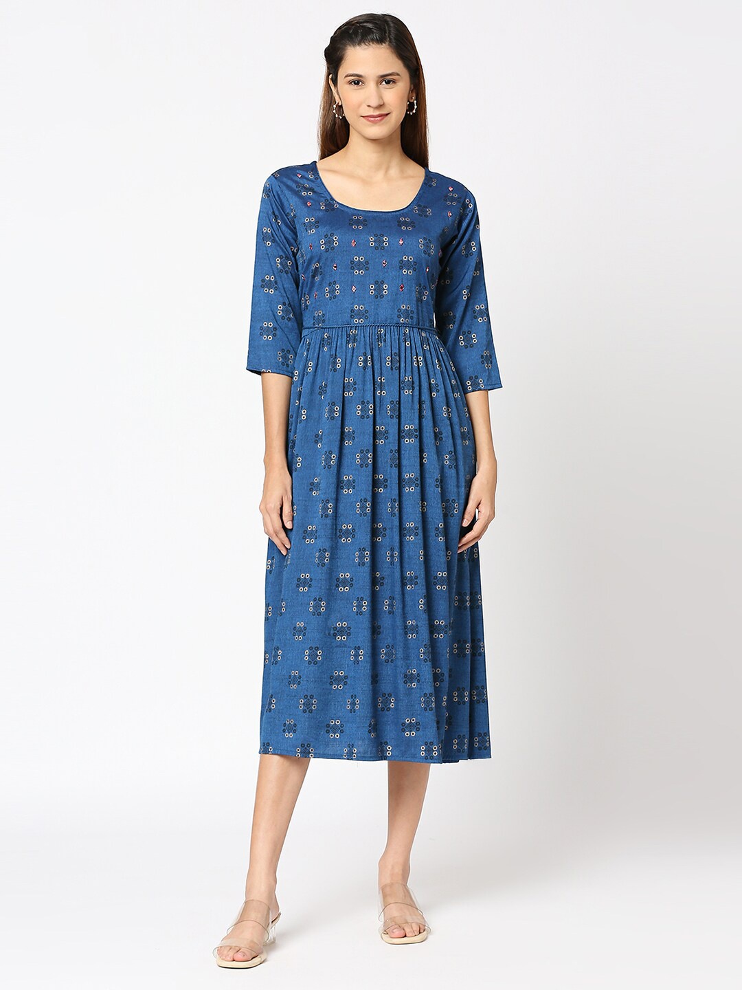 

INDYES Geometric Printed Fit & Flare Midi Dress, Blue