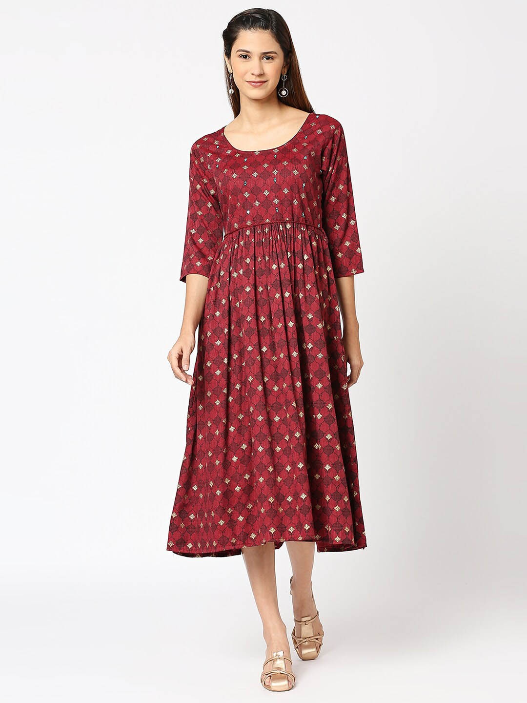 

INDYES Floral Printed Fit & Flare Midi Dress, Red
