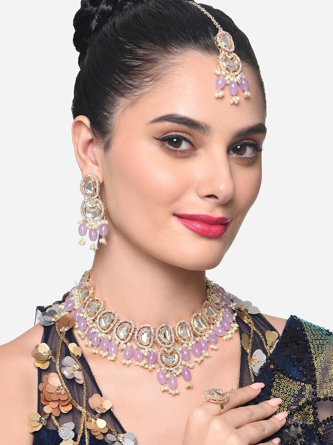 

Zaveri Pearls Gold-Plated Stone-Studded & Beaded Jewellery Set