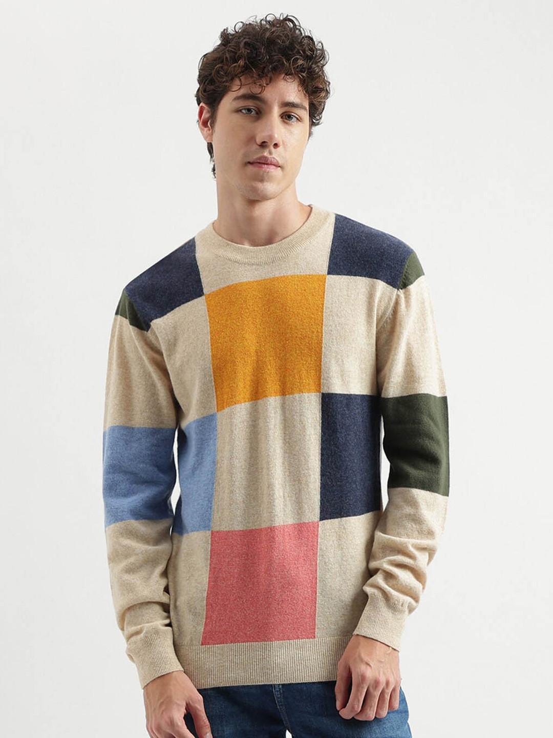 

United Colors of Benetton Round Neck Colourblocked Pullover, Yellow