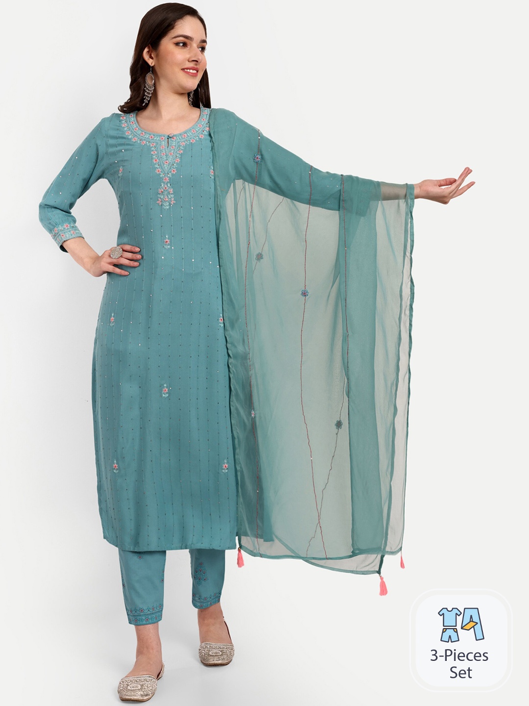 

KAVITA GUPTA Floral Embroidered Sequinned Pure Cotton Kurta With Trousers & Dupatta, Blue