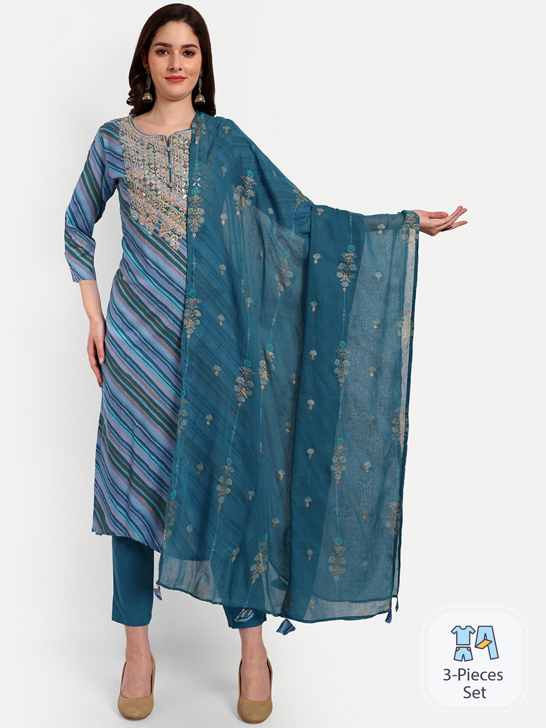 

KAVITA GUPTA Leheriya Printed Thread Work Pure Cotton Kurta with Trousers & Dupatta, Teal