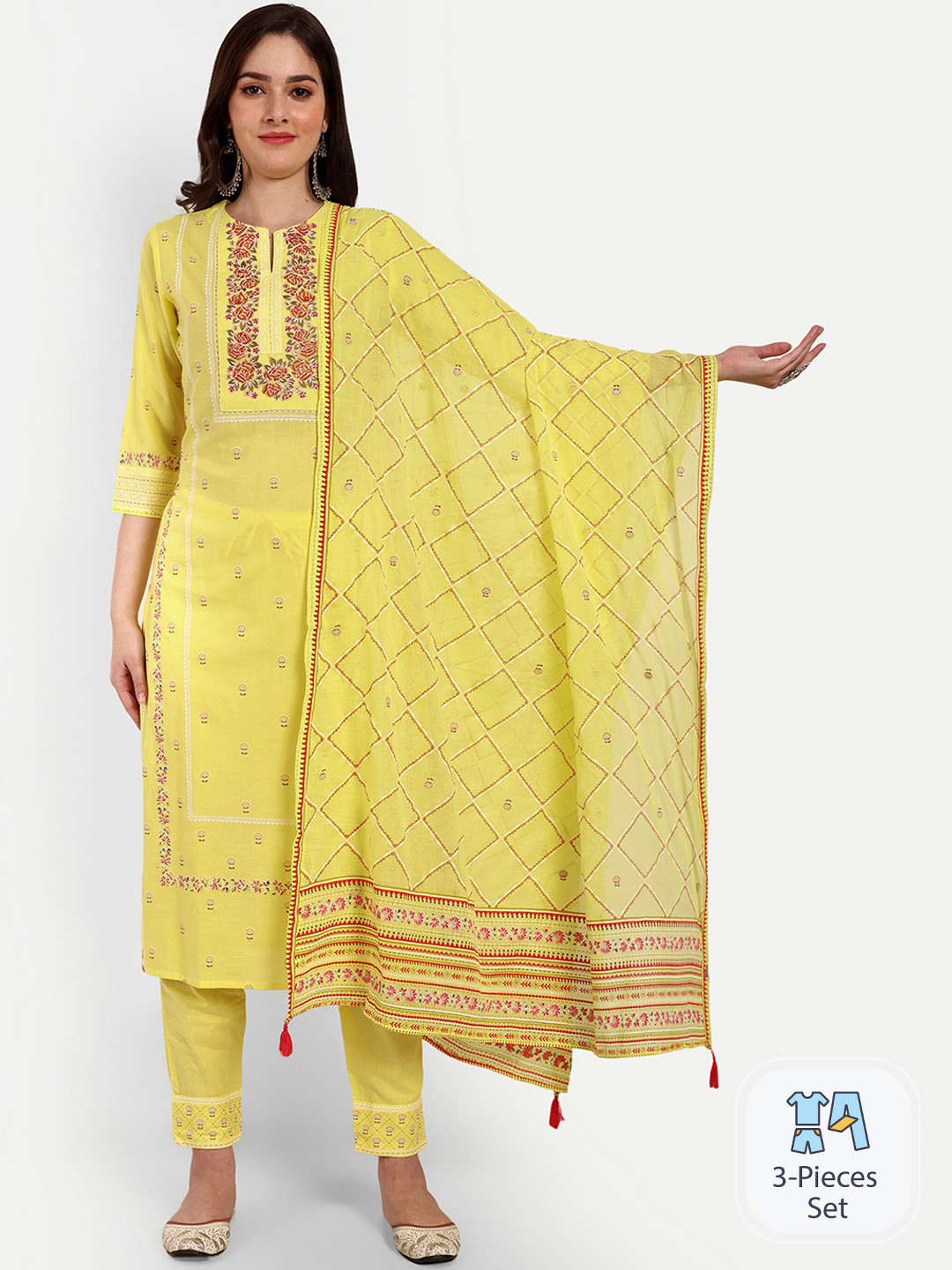 

KAVITA GUPTA Ethnic Motifs Printed Thread Work Pure Cotton Kurta with Trousers & Dupatta, Yellow