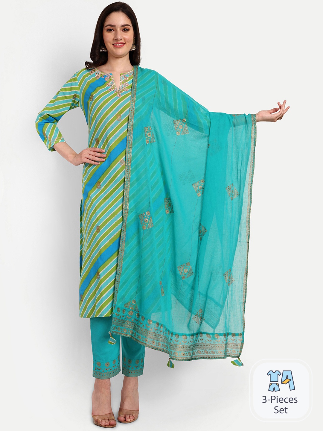 

KAVITA GUPTA Leheriya Printed Thread Work Pure Cotton Kurta with Trousers & Dupatta, Green
