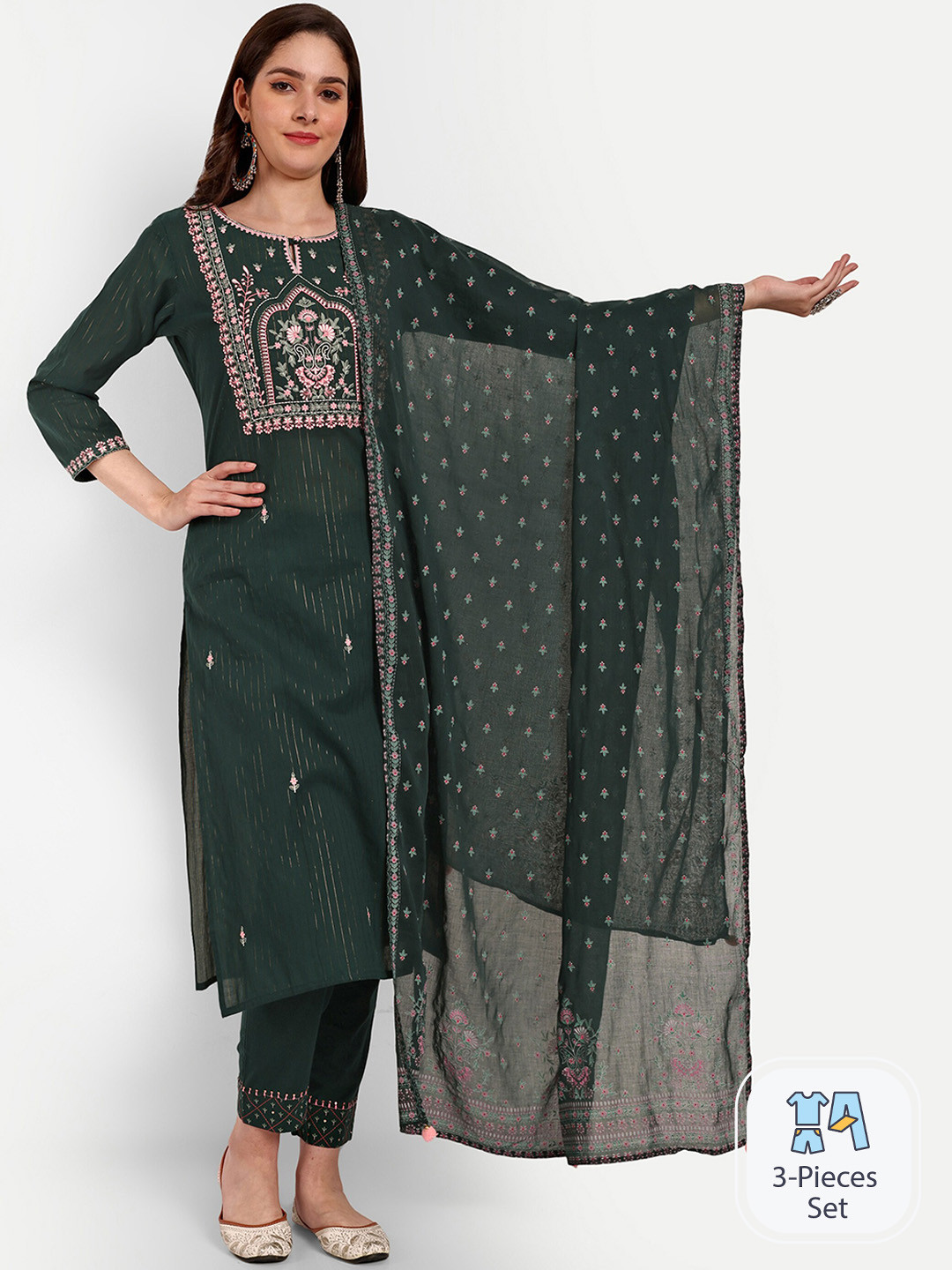 

KAVITA GUPTA Floral Embroidered Pure Cotton Kurta With Trousers & Dupatta, Green