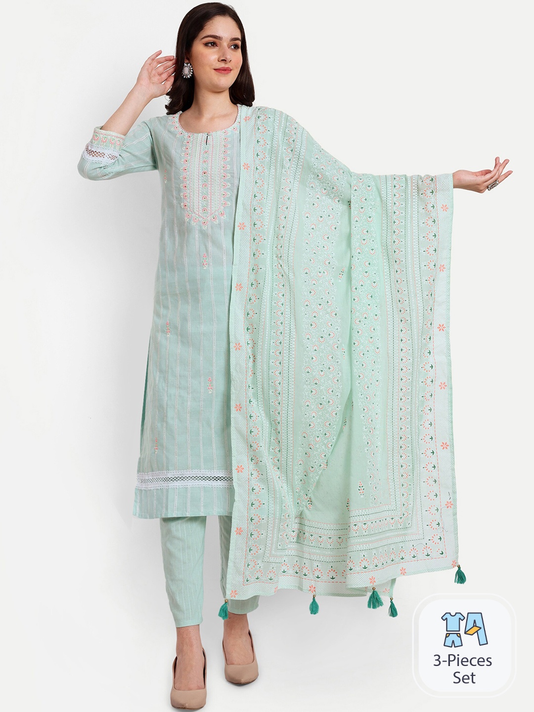

KAVITA GUPTA Floral Embroidered Pure Cotton Kurta With Trousers & Dupatta, Blue