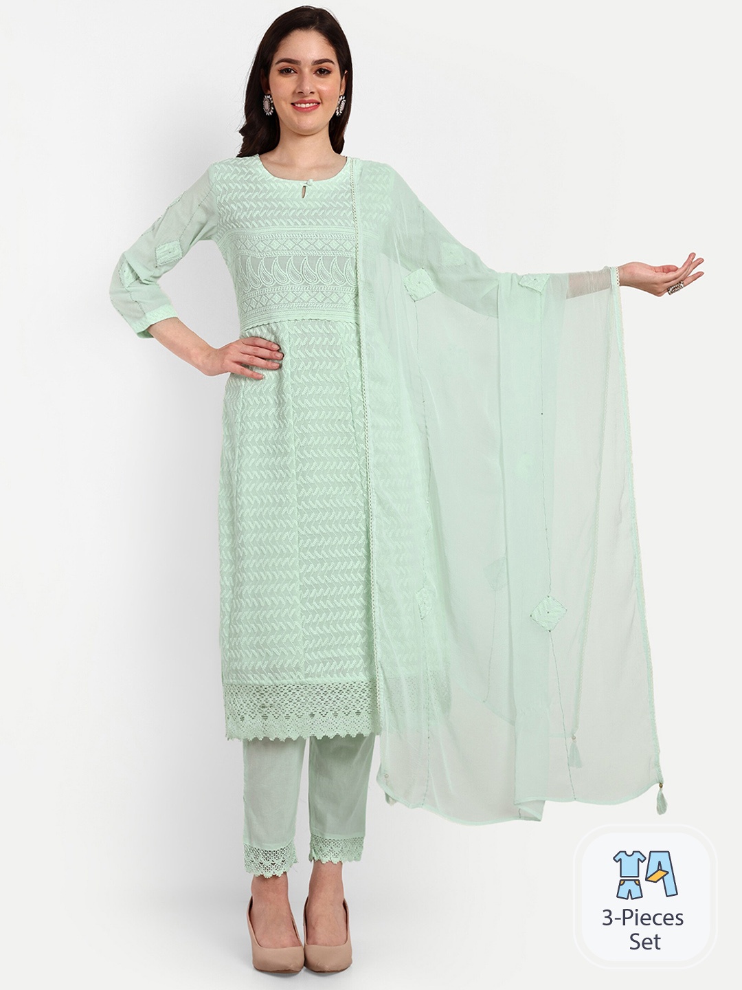 

KAVITA GUPTA Ethnic Motifs Embroidered Chikankari Pure Cotton Kurta Set, Green