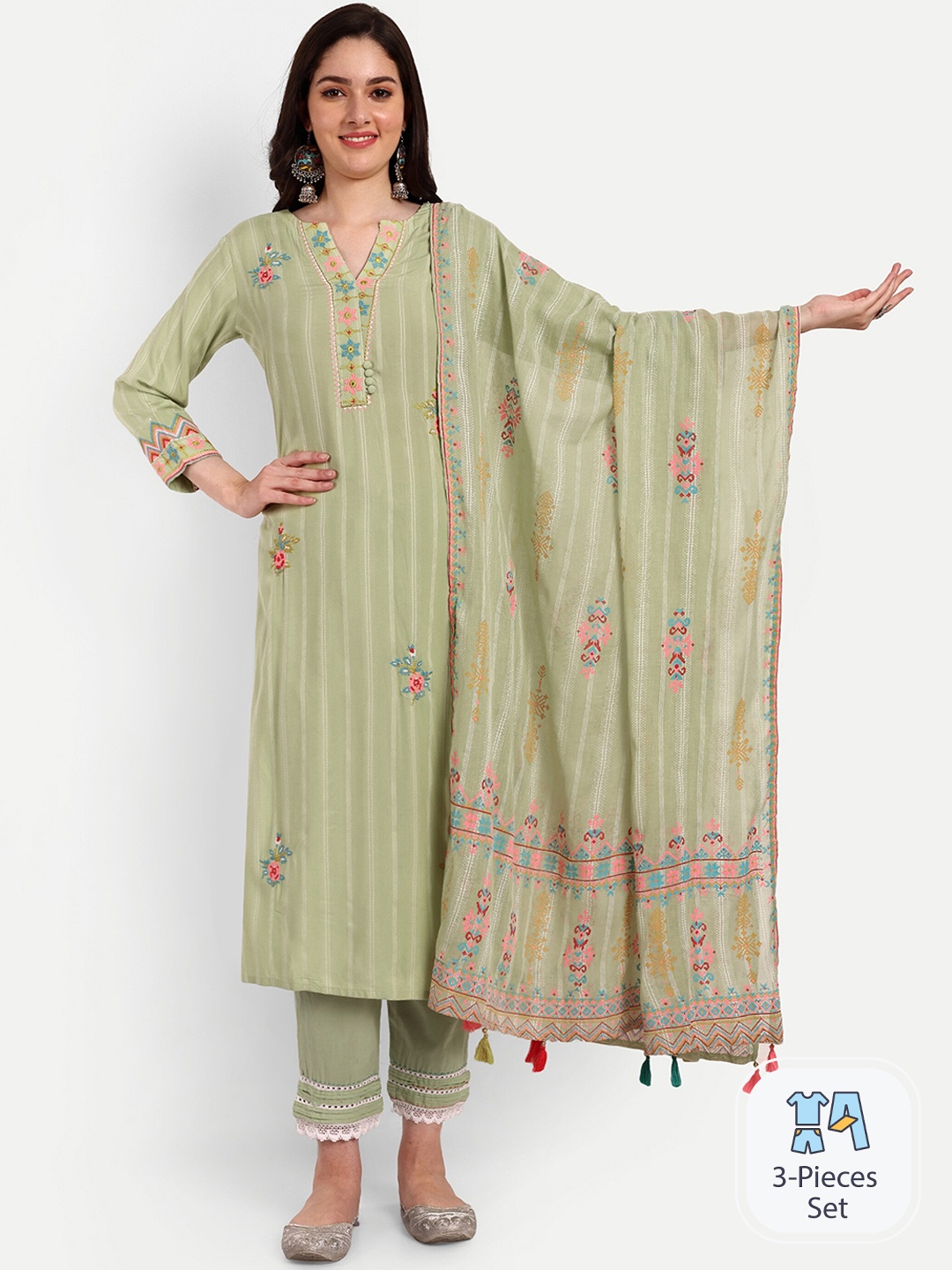 

KAVITA GUPTA Floral Embroidered Pure Cotton Kurta With Palazzos & Dupatta, Green