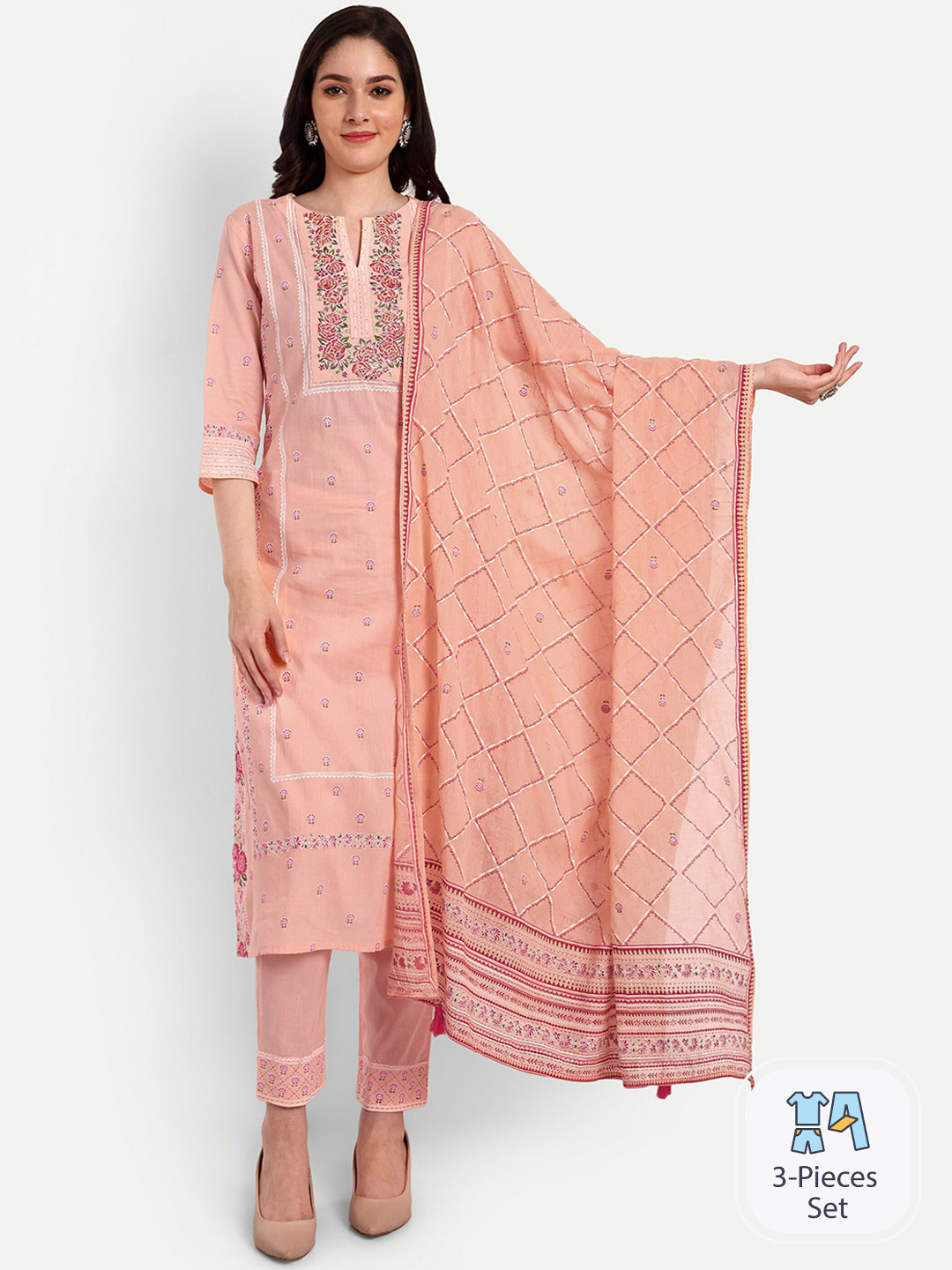 

KAVITA GUPTA Floral Printed Thread Work Pure Cotton Kurta withTrousers And Dupatta, Peach