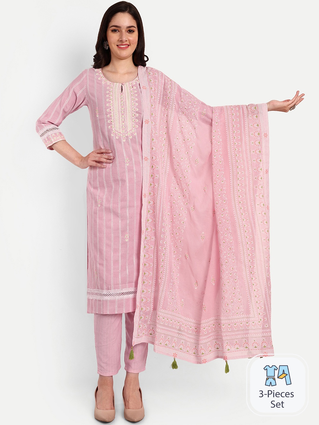 

KAVITA GUPTA Striped Thread Work Pure Cotton Kurta With Palazzos & Dupatta, Pink