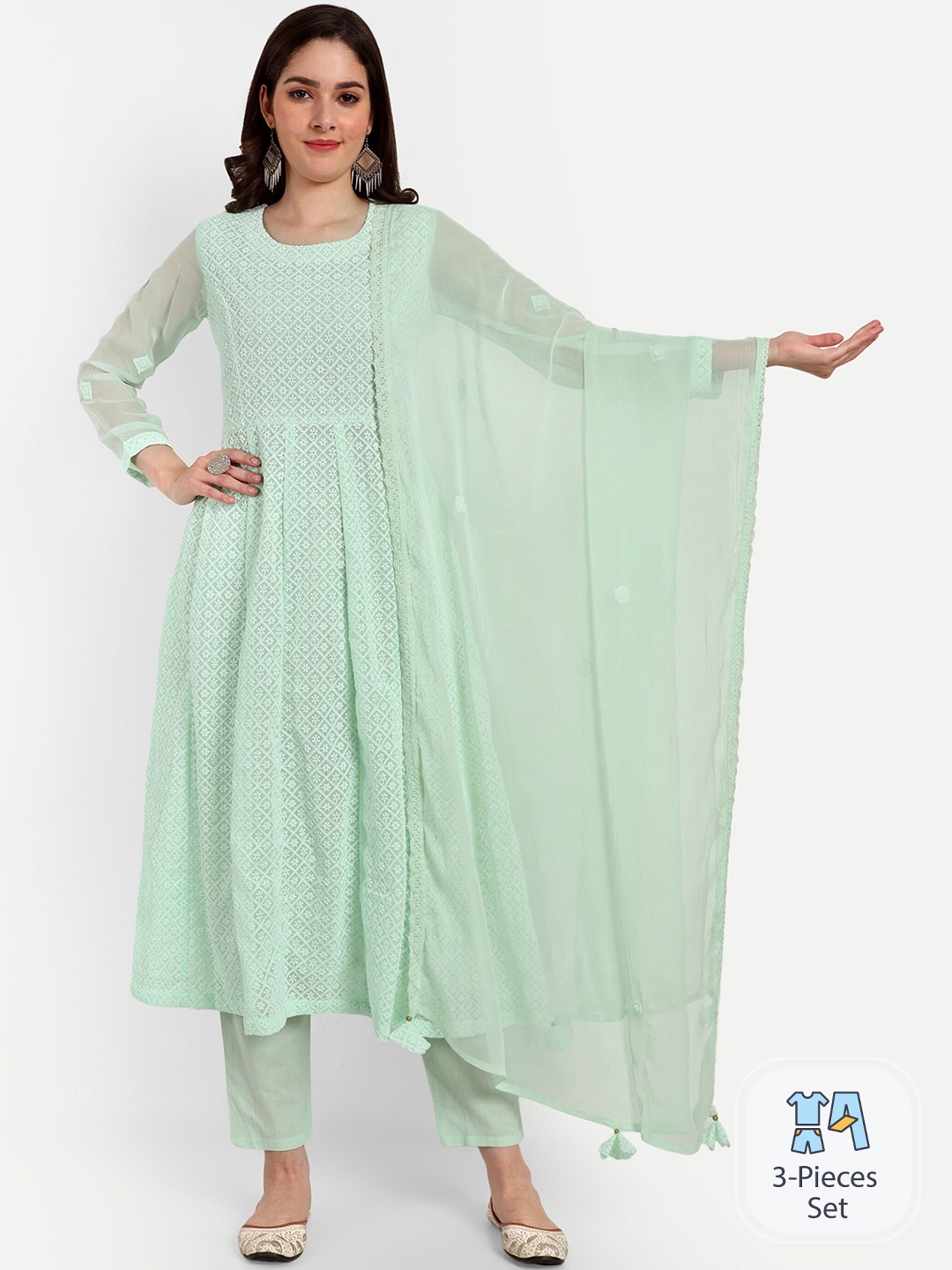 

KAVITA GUPTA Chikankari Embroidered Kurta With Palazzos & Dupatta, Sea green