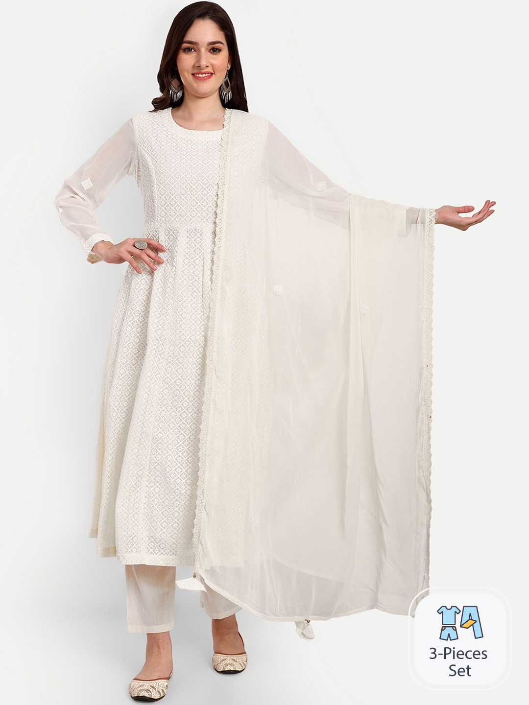 

KAVITA GUPTA Chikankari Embroidered Kurta With Palazzos & Dupatta, Cream