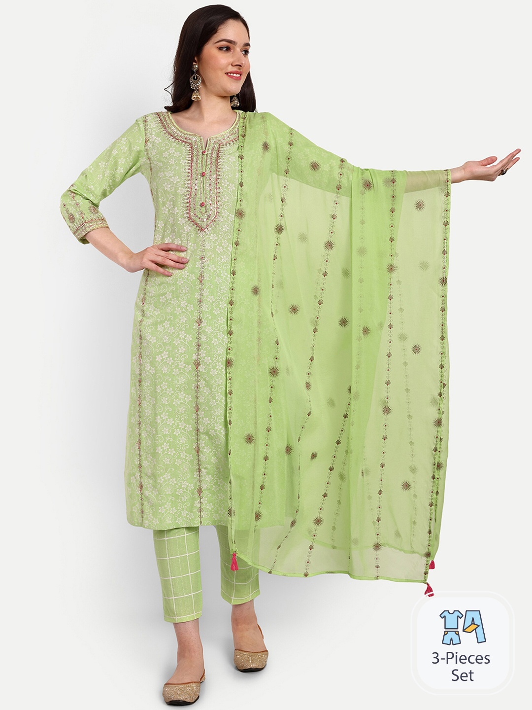 

KAVITA GUPTA Ethnic Motifs Embroidered Thread Work Pure Cotton Kurta Set, Green