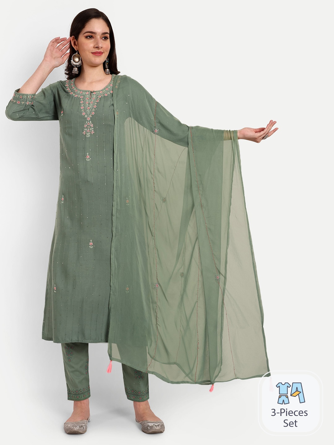 

KAVITA GUPTA Floral Embroidered Pure Cotton Kurta With Palazzos & Dupatta, Olive