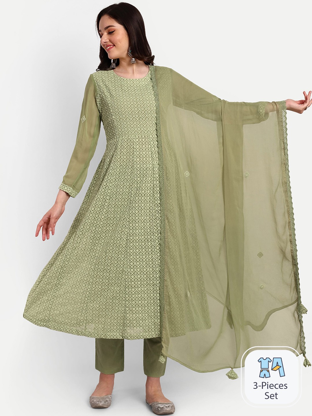 

KAVITA GUPTA Ethnic Motif Embroidered Chikankari Kurta With Trousers & Dupatta, Olive