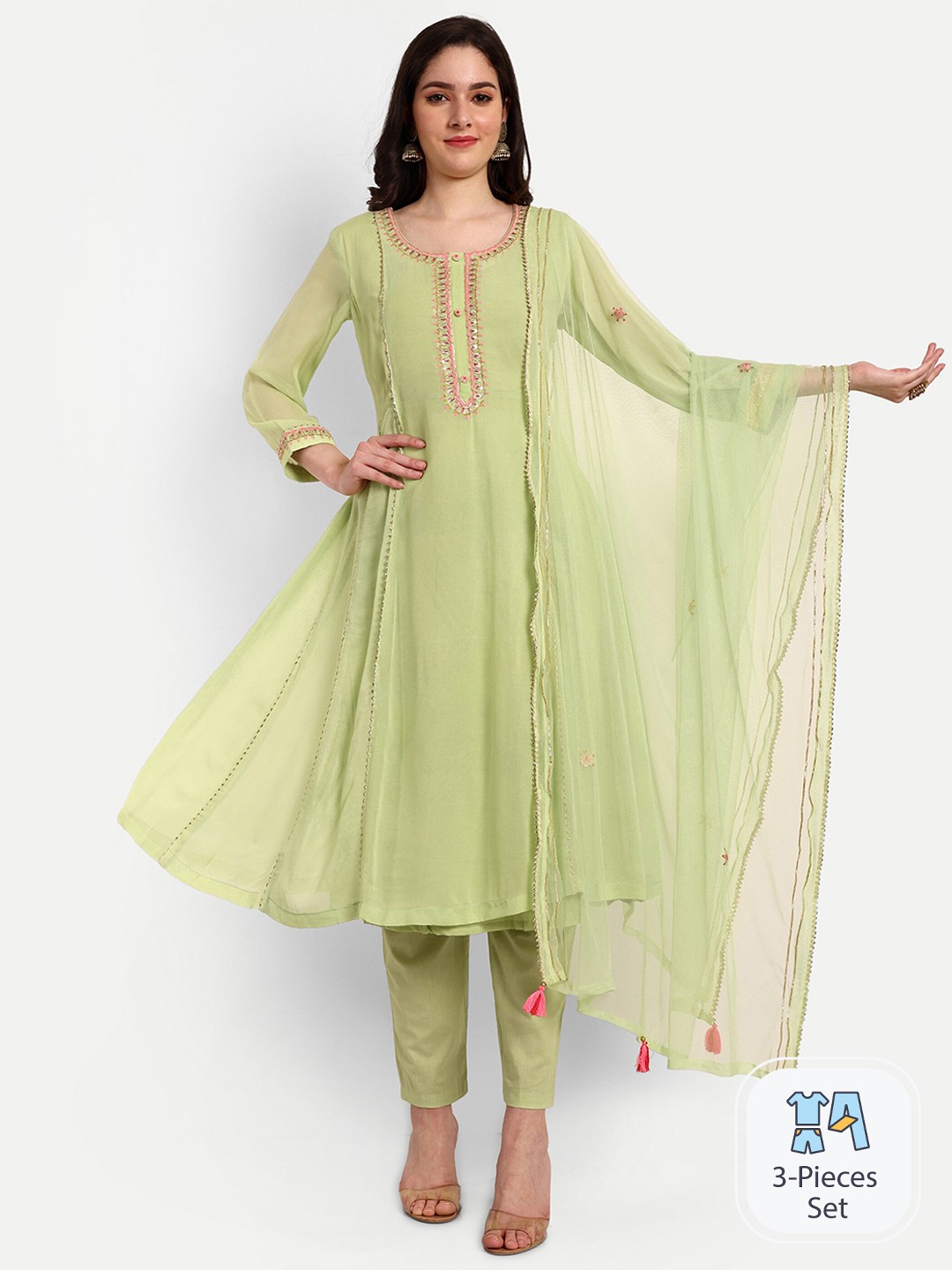 

KAVITA GUPTA Embroidered Anarkali Gotta Patti Kurta With Palazzos & Dupatta, Green