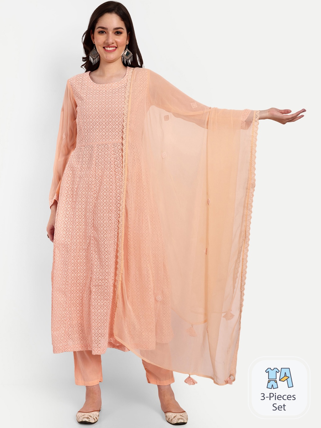 

KAVITA GUPTA Ethnic Motif Embroidered Chikankari Kurta With Trousers & Dupatta, Peach