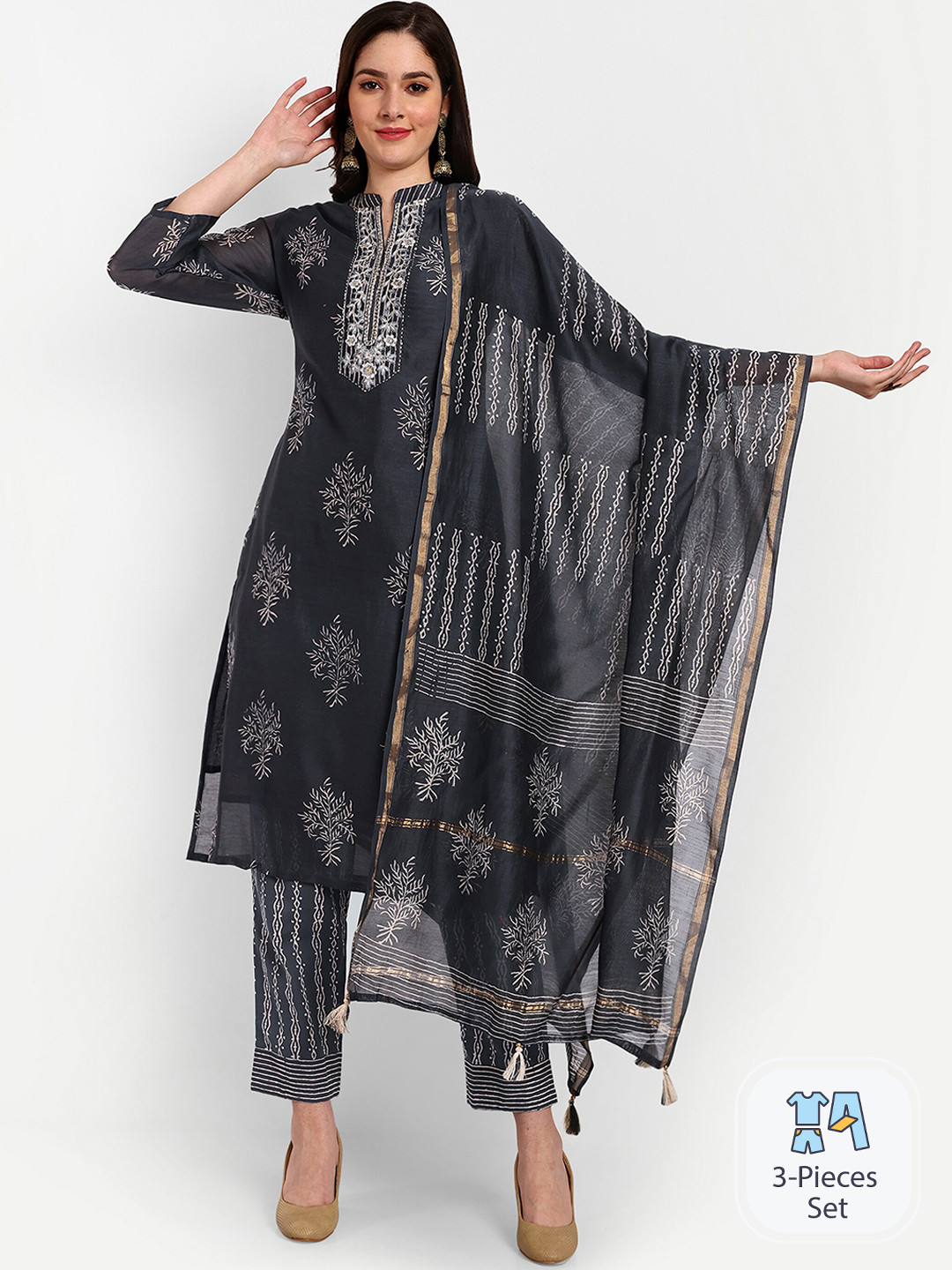 

KAVITA GUPTA Ethnic Motifs Printed Thread Work Chanderi Cotton Kurta Set, Grey