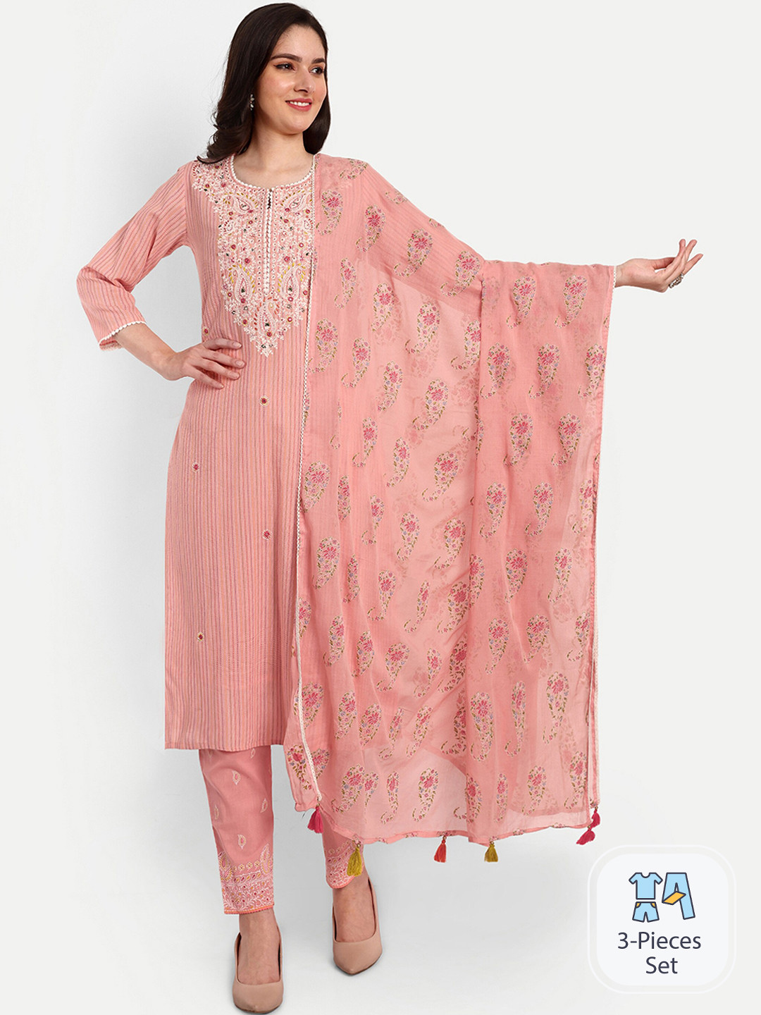 

KAVITA GUPTA Ethnic Motifs Embroidered Pure Cotton Kurta With Trousers & Dupatta, Peach